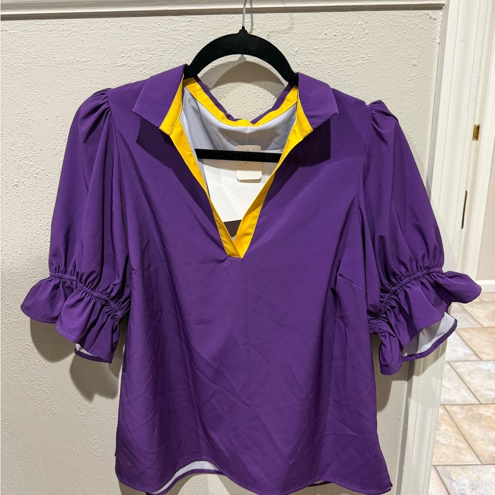 Vibrant Purple Blouse with Yellow Trim